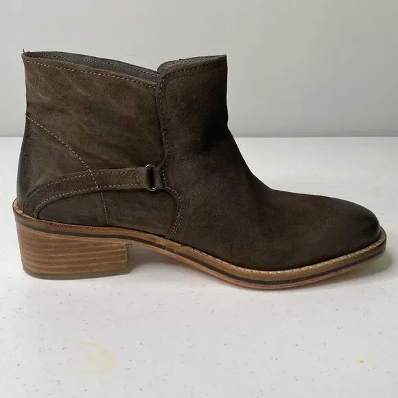 Diba True Suede Distressed Caspian Pull-On Bootie Low Stack Heel Square Toe